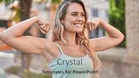  Presentation with strong - Theme with young-blonde-woman-smiling-confident background and a  colored foreground