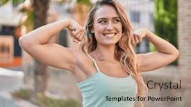  Presentation with strong - Slide deck consisting of young-blonde-woman-smiling-confident background and a  colored foreground