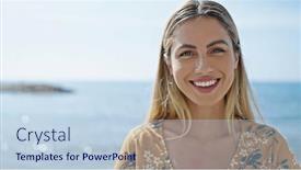  Presentation with pcos woman - PPT theme featuring young-blonde-woman-smiling-confident background and a light blue colored foreground