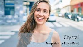  Presentation with city street - Slide deck consisting of young-blonde-woman-smiling-happy background and a light blue colored foreground