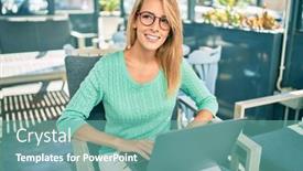  Presentation with coffee shop - PPT theme having young-blonde-woman-smiling-happy background and a seafoam green colored foreground