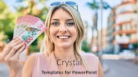  Presentation with new zealand - PPT theme featuring young-blonde-woman-smiling-happy background and a coral colored foreground