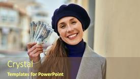  Presentation with sol - Presentation theme having young-blonde-woman-smiling-happy background and a tawny brown colored foreground