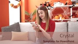  Presentation with devil - PPT layouts featuring young-blonde-woman-smiling-wearing background and a coral colored foreground