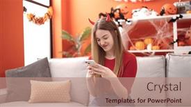  Presentation with devil - PPT theme having young-blonde-woman-smiling-wearing background and a coral colored foreground