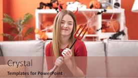  Presentation with devil - PPT theme with young-blonde-woman-smiling-wearing background and a coral colored foreground