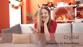  Presentation with devil - Presentation with young-blonde-woman-smiling-wearing background and a coral colored foreground