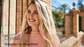  Presentation with city - PPT theme enhanced with young-blonde-woman-smiling background and a  colored foreground