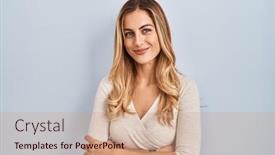  Presentation with woman praying over bible - Presentation having young-blonde-woman-standing-over background and a coral colored foreground