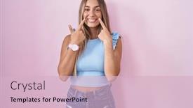  Presentation with mouth - Presentation design consisting of young-blonde-woman-standing-over background and a  colored foreground