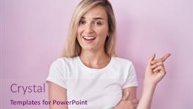  Presentation with finger - Presentation theme consisting of young-blonde-woman-standing-over background and a  colored foreground