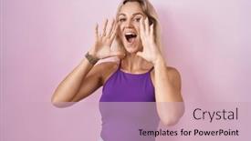  Presentation with pink - PPT layouts consisting of young-blonde-woman-standing-over background and a soft green colored foreground