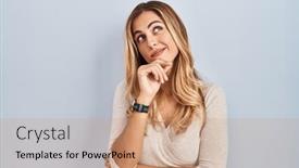  Presentation with question - PPT theme with young-blonde-woman-standing-over background and a coral colored foreground