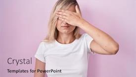  Presentation with sad woman - PPT theme enhanced with young-blonde-woman-standing-over background and a lemonade colored foreground