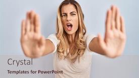  Presentation with frustration - Slide deck featuring young-blonde-woman-standing-over background and a coral colored foreground