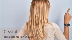  Presentation with finger - PPT theme consisting of young-blonde-woman-standing-over background and a coral colored foreground