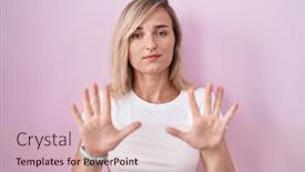  Presentation with forbidden - Presentation design with young-blonde-woman-standing-over background and a coral colored foreground