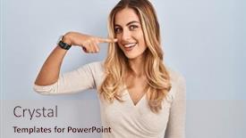  Presentation with nose - Presentation design featuring young-blonde-woman-standing-over background and a  colored foreground
