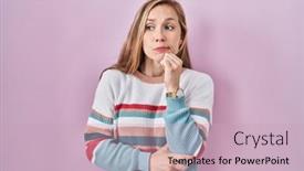  Presentation with pink nails - Slide set having young-blonde-woman-standing-over background and a soft green colored foreground
