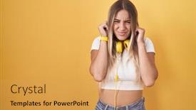  Presentation with yellow music - Slide set having young-blonde-woman-standing-over background and a yellow colored foreground