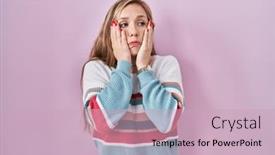  Presentation with sadness - Slide deck consisting of young-blonde-woman-standing-over background and a soft green colored foreground