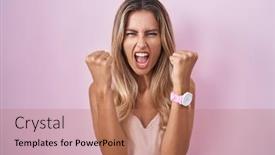  Presentation with anger - Slide set enhanced with young-blonde-woman-standing-over background and a coral colored foreground