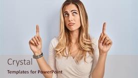  Presentation with sad woman - PPT theme with young-blonde-woman-standing-over background and a coral colored foreground