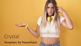  Presentation with think - Presentation design featuring young-blonde-woman-standing-over background and a yellow colored foreground