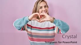  Presentation with love heart - Presentation having young-blonde-woman-standing-over background and a coral colored foreground