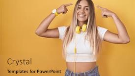  Presentation with thought - Slides enhanced with young-blonde-woman-standing-over background and a yellow colored foreground