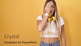  Presentation with face pain - Slide set having young-blonde-woman-standing-over background and a  colored foreground