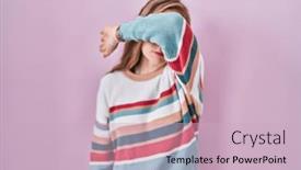  Presentation with sad woman - Presentation design consisting of young-blonde-woman-standing-over background and a soft green colored foreground