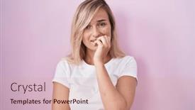  Presentation with pink nails - PPT layouts consisting of young-blonde-woman-standing-over background and a coral colored foreground