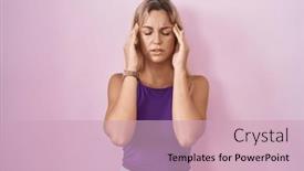  Presentation with migraine - Presentation design enhanced with young-blonde-woman-standing-over background and a soft green colored foreground