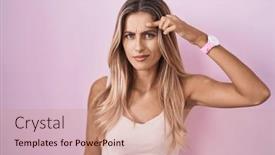  Presentation with acne woman - Presentation design with young-blonde-woman-standing-over background and a coral colored foreground