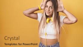  Presentation with deaf - Presentation with young-blonde-woman-standing-over background and a yellow colored foreground