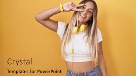  Presentation with peace - Presentation design featuring young-blonde-woman-standing-over background and a yellow colored foreground