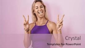  Presentation with tongue - Presentation theme having young-blonde-woman-standing-over background and a soft green colored foreground