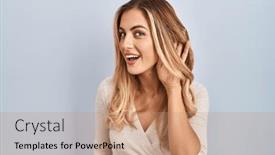 Presentation with hearing - PPT layouts with young-blonde-woman-standing-over background and a coral colored foreground
