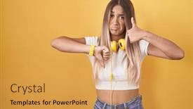  Presentation with conflict - Slide set consisting of young-blonde-woman-standing-over background and a yellow colored foreground