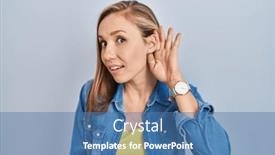  Presentation with hearing - Presentation theme consisting of young-blonde-woman-standing-over background and a teal colored foreground