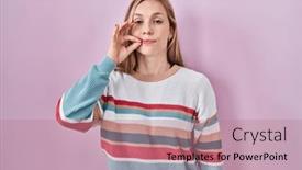  Presentation with lips mouth - PPT theme having young-blonde-woman-standing-over background and a coral colored foreground