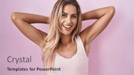  Presentation with stretching - PPT theme featuring young-blonde-woman-standing-over background and a lemonade colored foreground