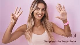  Presentation with eight - Slide deck featuring young-blonde-woman-standing-over background and a coral colored foreground