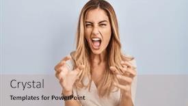 Presentation with yelling - PPT theme having young-blonde-woman-standing-over background and a coral colored foreground