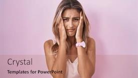  Presentation with migraine - Theme with young-blonde-woman-standing-over background and a coral colored foreground