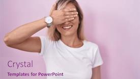  Presentation with blind - PPT layouts with young-blonde-woman-standing-over background and a lemonade colored foreground