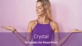  Presentation with human hands open palm up - Presentation design consisting of young-blonde-woman-standing-over background and a violet colored foreground