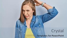  Presentation with question - Presentation enhanced with young-blonde-woman-standing-over and a light blue colored foreground