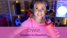  Presentation with beverage - PPT theme consisting of young-blonde-woman-streamer-playing background and a lilac colored foreground